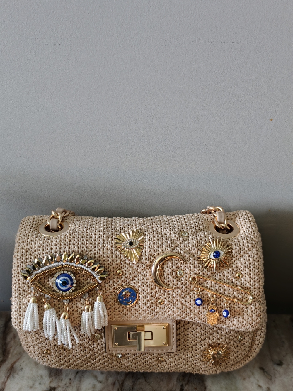 Aldo Cream Beaded Eye Embellished Shoulder Bag with Gold Accents